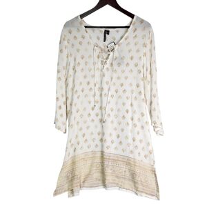 Pacific Beach Cover Up Women’s Large Boho Gold Print Lace Up Neck 3/4 Sleeve